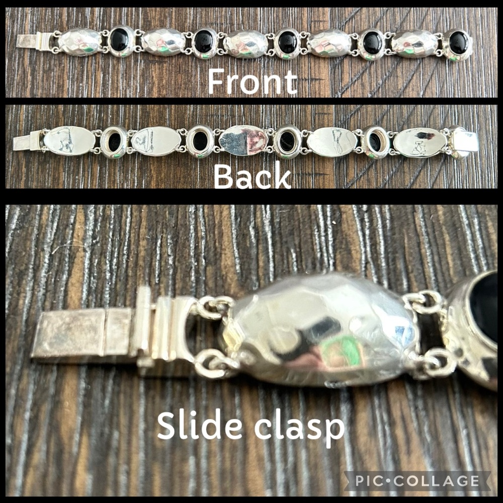 Vintage Thailand Sterling Silver & Onyx Cabochon Hammered Bracelet